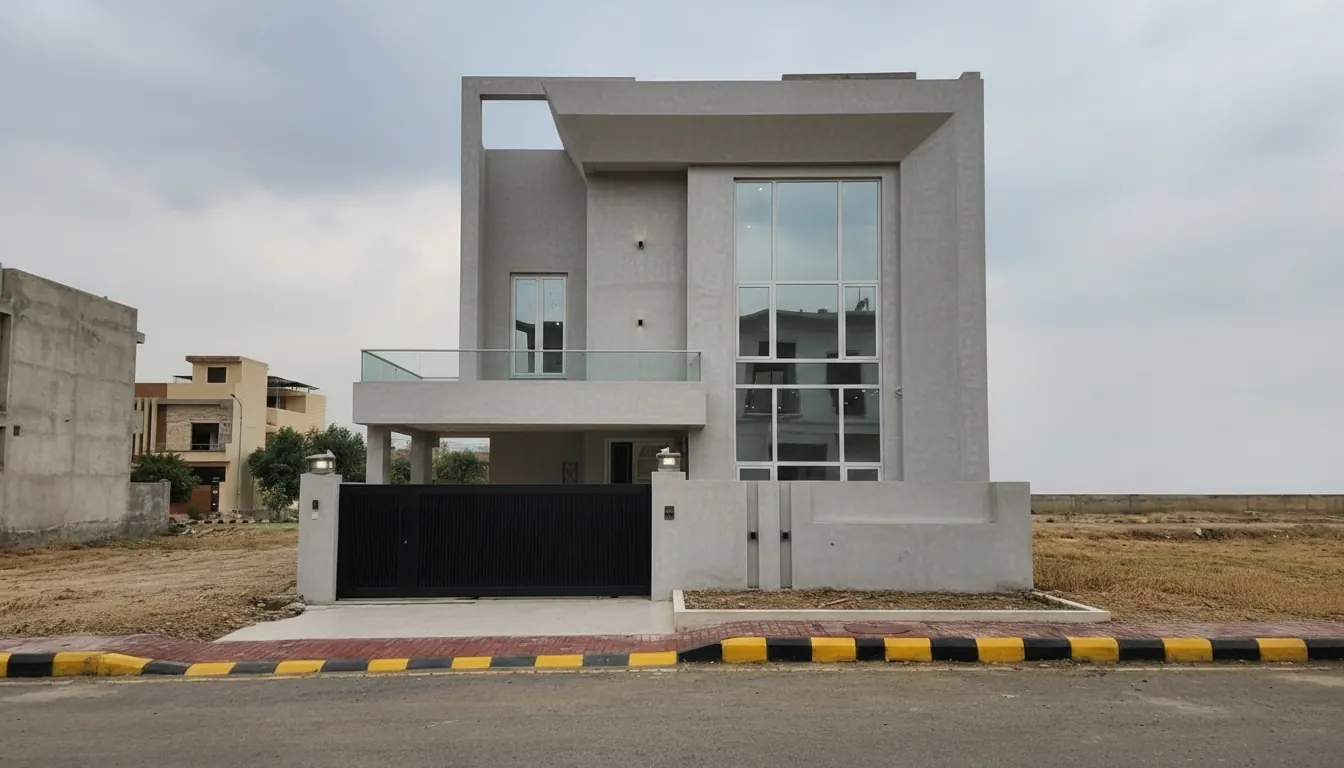 Painted house exterior during finishing work